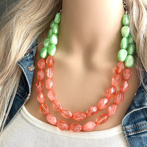 Watermelon Seascape Necklace, coral & Green Chunky Statement Necklace, green pink beaded necklace jewelry, multi color strand bib chunky