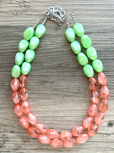 Watermelon Seascape Necklace, coral & Green Chunky Statement Necklace, green pink beaded necklace jewelry, multi color strand bib chunky