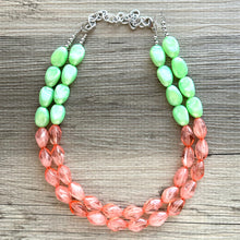 Load image into Gallery viewer, Watermelon Seascape Necklace, coral &amp; Green Chunky Statement Necklace, green pink beaded necklace jewelry, multi color strand bib chunky