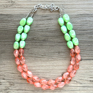 Watermelon Seascape Necklace, coral & Green Chunky Statement Necklace, green pink beaded necklace jewelry, multi color strand bib chunky