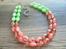 Load image into Gallery viewer, Watermelon Seascape Necklace, coral &amp; Green Chunky Statement Necklace, green pink beaded necklace jewelry, multi color strand bib chunky