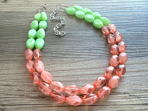 Watermelon Seascape Necklace, coral & Green Chunky Statement Necklace, green pink beaded necklace jewelry, multi color strand bib chunky