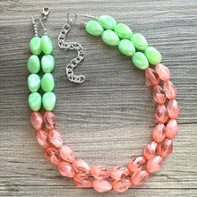 Load image into Gallery viewer, Watermelon Seascape Necklace, coral &amp; Green Chunky Statement Necklace, green pink beaded necklace jewelry, multi color strand bib chunky