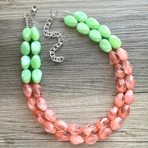 Watermelon Seascape Necklace, coral & Green Chunky Statement Necklace, green pink beaded necklace jewelry, multi color strand bib chunky