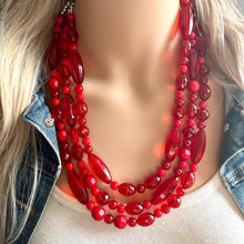 Load image into Gallery viewer, Red BeJeweled Statement Necklace, Chunky 3 Strand Jewelry, silver red necklace, red bib beaded necklace thick collar bead metal crackle