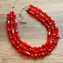 Load image into Gallery viewer, Red BeJeweled Statement Necklace, Chunky 3 Strand Jewelry, silver red necklace, red bib beaded necklace thick collar bead metal crackle