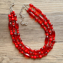 Load image into Gallery viewer, Red BeJeweled Statement Necklace, Chunky 3 Strand Jewelry, silver red necklace, red bib beaded necklace thick collar bead metal crackle