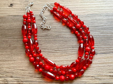 Load image into Gallery viewer, Red BeJeweled Statement Necklace, Chunky 3 Strand Jewelry, silver red necklace, red bib beaded necklace thick collar bead metal crackle