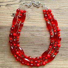 Load image into Gallery viewer, Red BeJeweled Statement Necklace, Chunky 3 Strand Jewelry, silver red necklace, red bib beaded necklace thick collar bead metal crackle