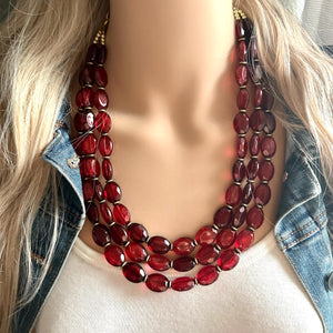 Apple Cider Harvest Chunky 3 Strand Statement Necklace, Fall Neutral dark red maroon jewelry set statement copper resin glitter infused