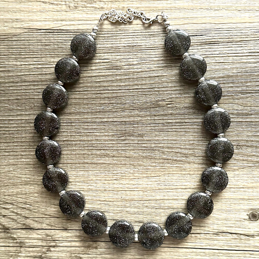 Glitter Infused Deep Gray Single Strand gunmetal Statement Necklace, bib chunky necklace layering necklace, gifts for women silver geometric