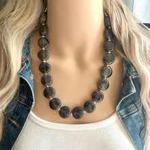 Load image into Gallery viewer, Glitter Infused Deep Gray Single Strand gunmetal Statement Necklace, bib chunky necklace layering necklace, gifts for women silver geometric