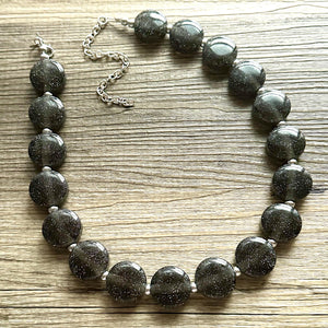 Glitter Infused Deep Gray Single Strand gunmetal Statement Necklace, bib chunky necklace layering necklace, gifts for women silver geometric