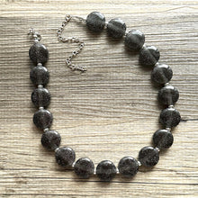 Load image into Gallery viewer, Glitter Infused Deep Gray Single Strand gunmetal Statement Necklace, bib chunky necklace layering necklace, gifts for women silver geometric