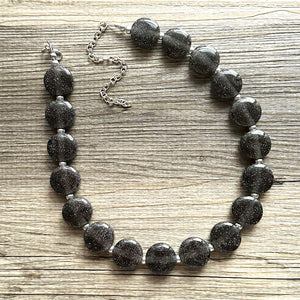 Glitter Infused Deep Gray Single Strand gunmetal Statement Necklace, bib chunky necklace layering necklace, gifts for women silver geometric