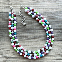 Load image into Gallery viewer, Glitter Berry Statement Necklace, chunky beaded jewelry, jewel tone color block beaded jewelry colorful rainbow set green blue pink white