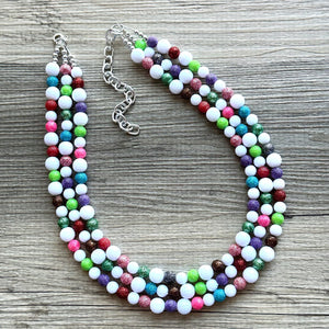 Glitter Berry Statement Necklace, chunky beaded jewelry, jewel tone color block beaded jewelry colorful rainbow set green blue pink white