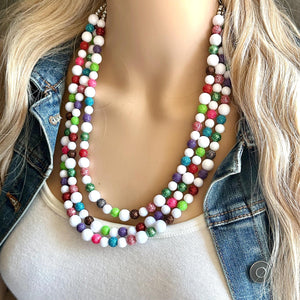 Glitter Berry Statement Necklace, chunky beaded jewelry, jewel tone color block beaded jewelry colorful rainbow set green blue pink white