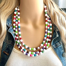 Load image into Gallery viewer, Glitter Berry Statement Necklace, chunky beaded jewelry, jewel tone color block beaded jewelry colorful rainbow set green blue pink white