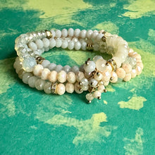 Load image into Gallery viewer, Creamy Crystal Bracelet Set, 4 Blush Tan White Holiday Jewelry, Stocking Stuffer Gift Arm Candy Present, clay stretch friendship