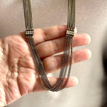 Load image into Gallery viewer, Vintage Long Bronze Geometric Necklace, Chunky Multi Strand Statement Jewelry, everyday brown gold linking chain layering geometric gold