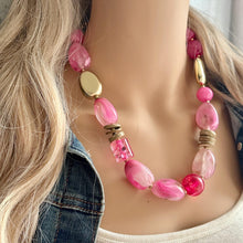 Load image into Gallery viewer, Pink &amp; gold Chunky Statement Necklace, Pink and brown beaded jewelry, single Strand Bib Necklace, Beaded necklace, hot pink necklace