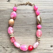 Load image into Gallery viewer, Pink &amp; gold Chunky Statement Necklace, Pink and brown beaded jewelry, single Strand Bib Necklace, Beaded necklace, hot pink necklace