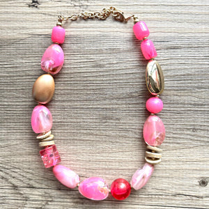 Pink & gold Chunky Statement Necklace, Pink and brown beaded jewelry, single Strand Bib Necklace, Beaded necklace, hot pink necklace