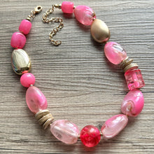 Load image into Gallery viewer, Pink &amp; gold Chunky Statement Necklace, Pink and brown beaded jewelry, single Strand Bib Necklace, Beaded necklace, hot pink necklace