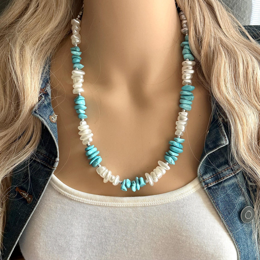 Turquoise blue & white pearl single strand chunky jewelry, handmade beaded metallic statement necklace, light teal gold bib necklace