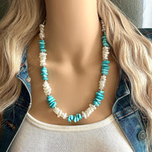 Load image into Gallery viewer, Turquoise blue &amp; white pearl single strand chunky jewelry, handmade beaded metallic statement necklace, light teal gold bib necklace