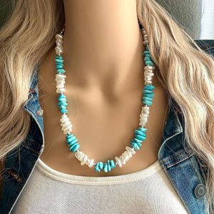 Turquoise blue & white pearl single strand chunky jewelry, handmade beaded metallic statement necklace, light teal gold bib necklace