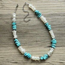 Load image into Gallery viewer, Turquoise blue &amp; white pearl single strand chunky jewelry, handmade beaded metallic statement necklace, light teal gold bib necklace