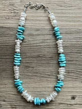 Load image into Gallery viewer, Turquoise blue &amp; white pearl single strand chunky jewelry, handmade beaded metallic statement necklace, light teal gold bib necklace