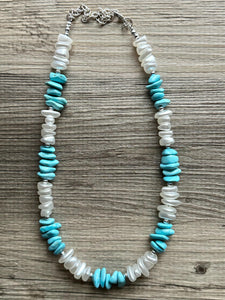 Turquoise blue & white pearl single strand chunky jewelry, handmade beaded metallic statement necklace, light teal gold bib necklace