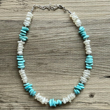 Load image into Gallery viewer, Turquoise blue &amp; white pearl single strand chunky jewelry, handmade beaded metallic statement necklace, light teal gold bib necklace