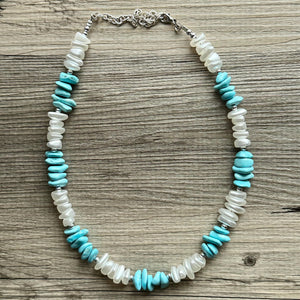 Turquoise blue & white pearl single strand chunky jewelry, handmade beaded metallic statement necklace, light teal gold bib necklace