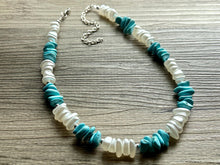 Load image into Gallery viewer, Turquoise blue &amp; white pearl single strand chunky jewelry, handmade beaded metallic statement necklace, light teal gold bib necklace