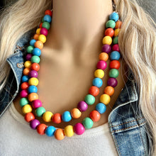 Load image into Gallery viewer, Rainbow Wood Confetti Statement, wooden jewelry, silver chain thick bib chunky necklace, 2 strand red orange yellow green blue purple pink