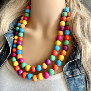 Rainbow Wood Confetti Statement, wooden jewelry, silver chain thick bib chunky necklace, 2 strand red orange yellow green blue purple pink