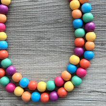 Load image into Gallery viewer, Rainbow Wood Confetti Statement, wooden jewelry, silver chain thick bib chunky necklace, 2 strand red orange yellow green blue purple pink