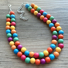 Load image into Gallery viewer, Rainbow Wood Confetti Statement, wooden jewelry, silver chain thick bib chunky necklace, 2 strand red orange yellow green blue purple pink