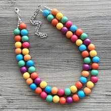 Load image into Gallery viewer, Rainbow Wood Confetti Statement, wooden jewelry, silver chain thick bib chunky necklace, 2 strand red orange yellow green blue purple pink