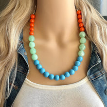 Load image into Gallery viewer, Single Strand Light Blue Big Beaded Statement Necklace, light green Jewelry, orange beaded necklace, blue beaded bridesmaid aqua