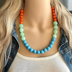 Single Strand Light Blue Big Beaded Statement Necklace, light green Jewelry, orange beaded necklace, blue beaded bridesmaid aqua