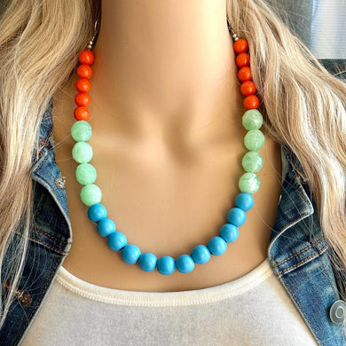 Single Strand Light Blue Big Beaded Statement Necklace, light green Jewelry, orange beaded necklace, blue beaded bridesmaid aqua