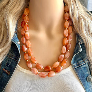 Creamy Harvest Statement Necklace, orange white gold Double Strand resin beaded jewelry, fall colors OOAK brown tan