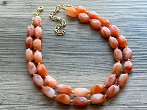 Creamy Harvest Statement Necklace, orange white gold Double Strand resin beaded jewelry, fall colors OOAK brown tan