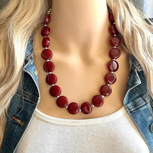 Load image into Gallery viewer, Glitter Infused Garnet Single Strand maroon Statement Necklace, bib chunky necklace layering necklace, gifts for women silver red geometric