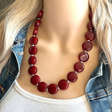 Load image into Gallery viewer, Glitter Infused Garnet Single Strand maroon Statement Necklace, bib chunky necklace layering necklace, gifts for women silver red geometric